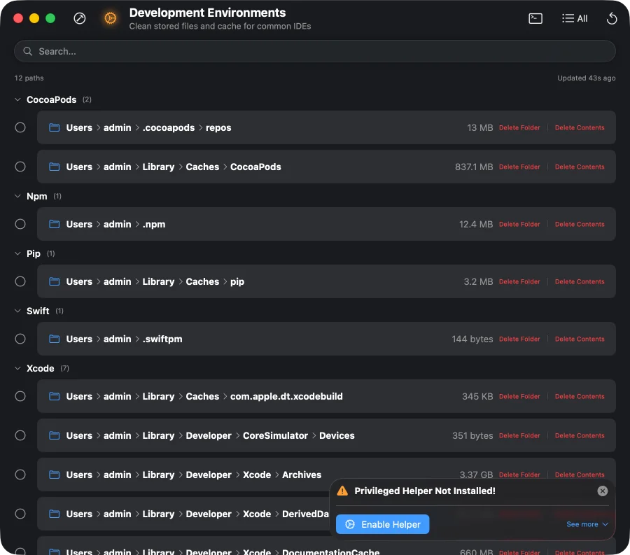 Pearcleaner after the scan of the An iPhone developer’s Mac