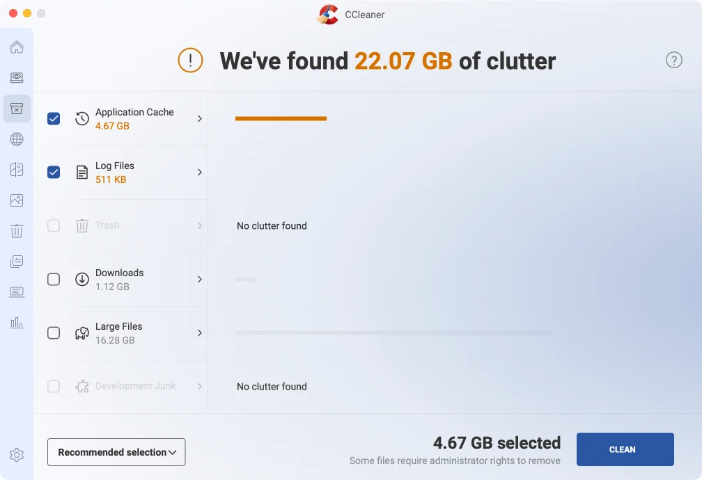 CCleaner after the scan of the A photographer’s Mac