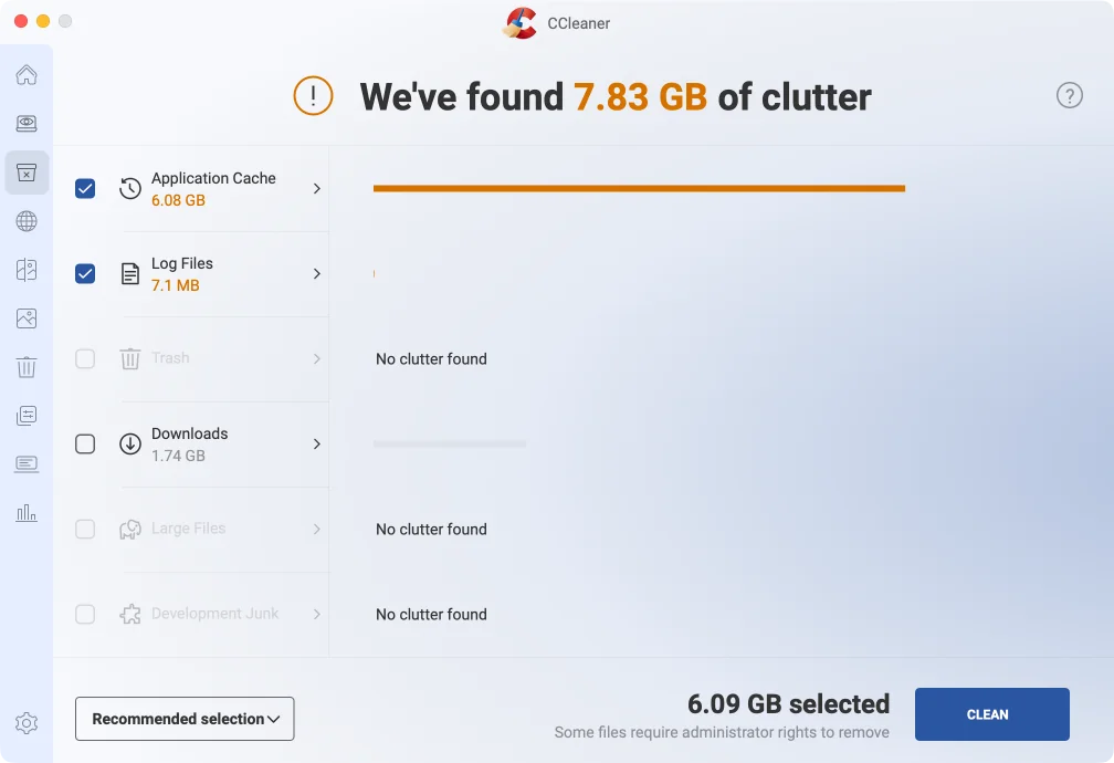 CCleaner after the scan of the A Mac with a classic web developer stack