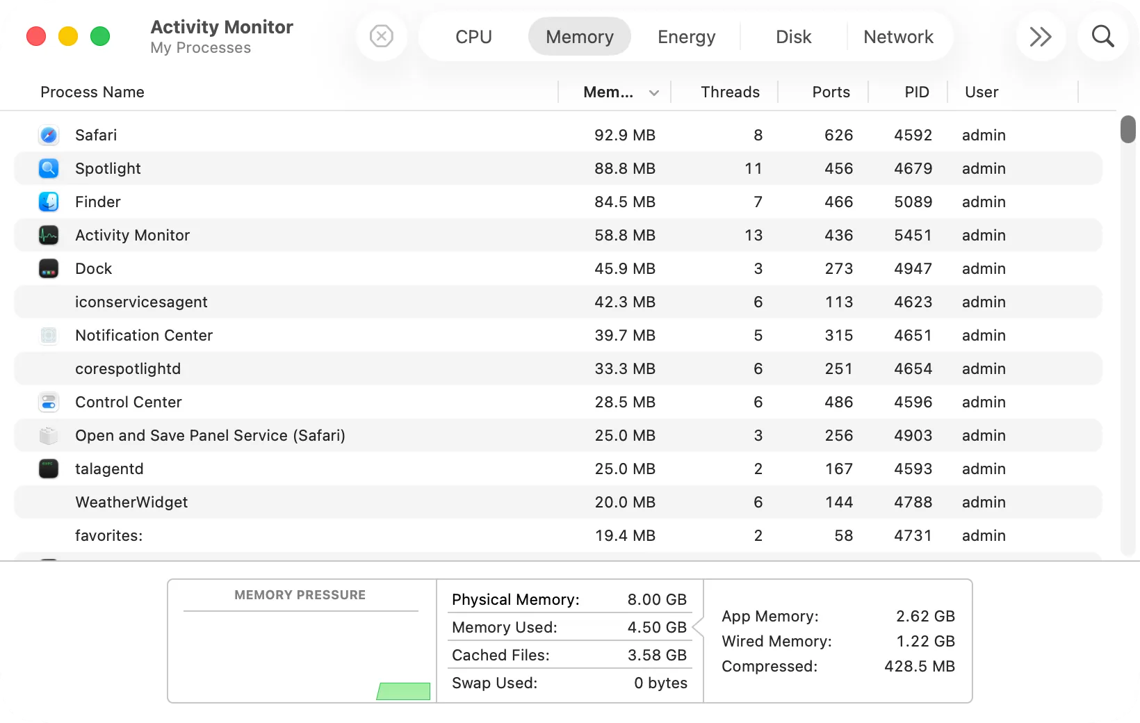 Activity Monitor, Memory: the Memory Pressure graph at the bottom