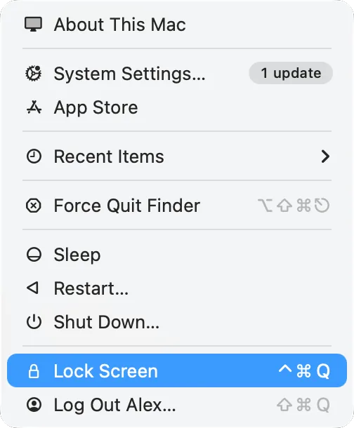 The Apple menu with «Lock Screen»