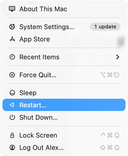 The Apple menu with «Restart» highlighted
