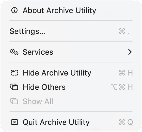 The Archive Utility menu with «Settings»