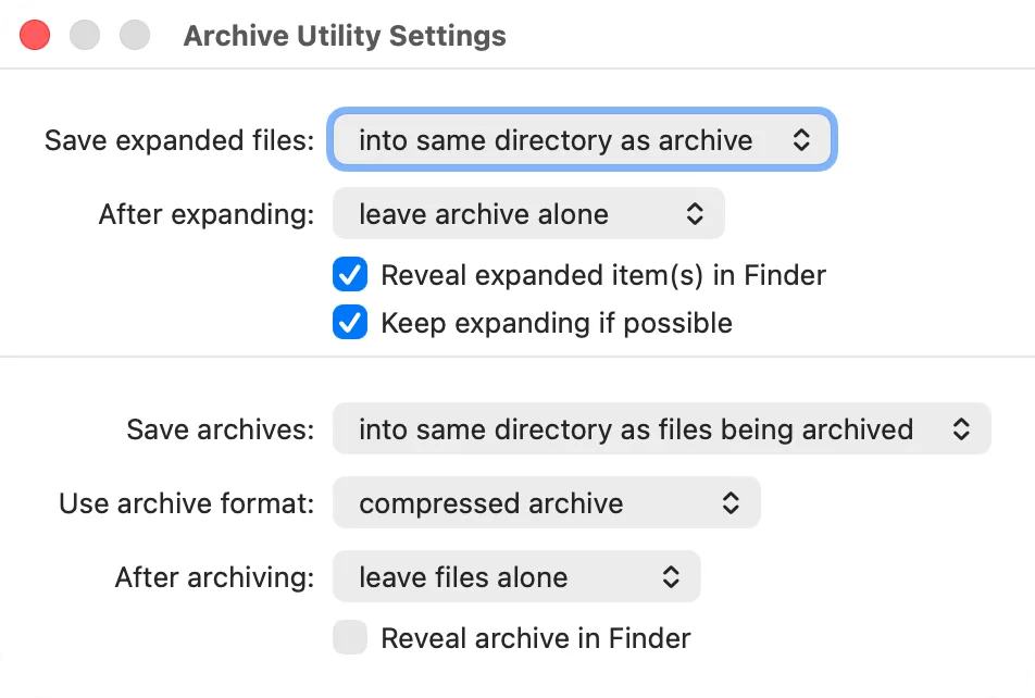 Archive Utility settings: where expanded files go and what happens to the archive