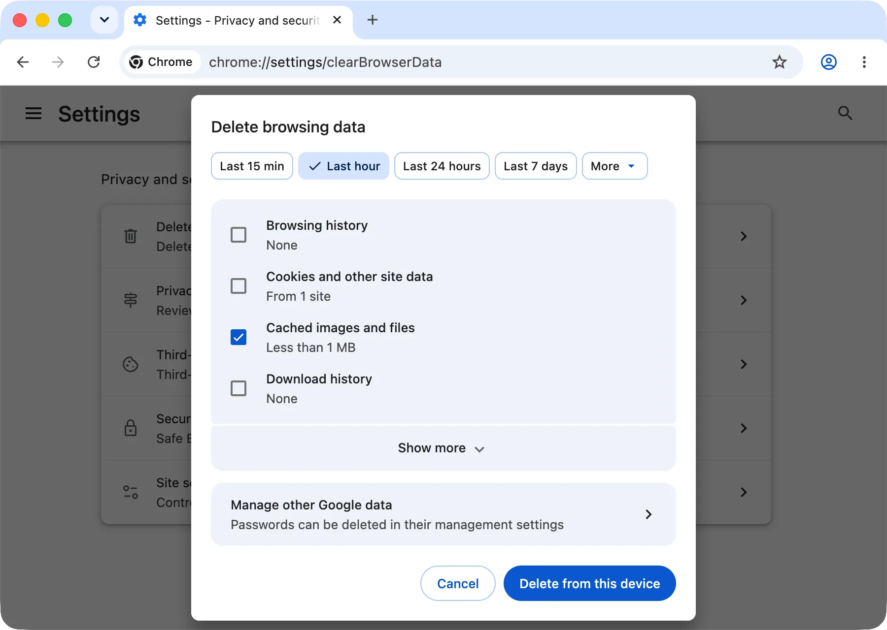 Chrome’s Delete browsing data window with only «Cached images and files» checked