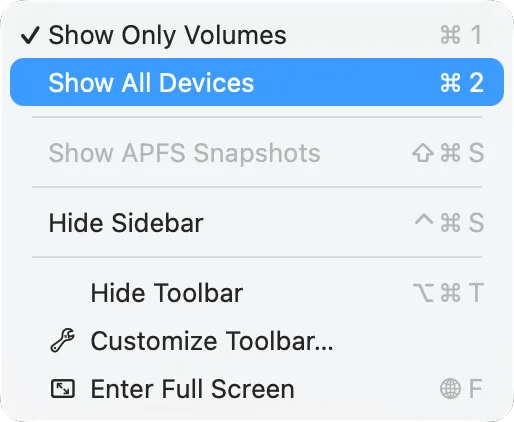 Disk Utility’s View menu with «Show All Devices»
