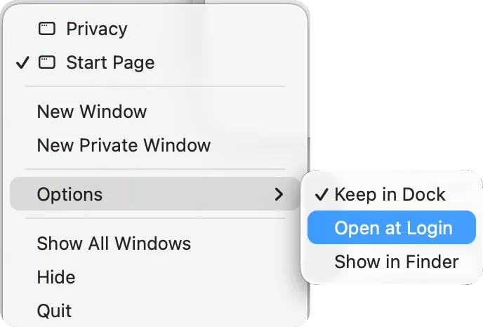 A Dock icon’s menu: Options › Open at Login