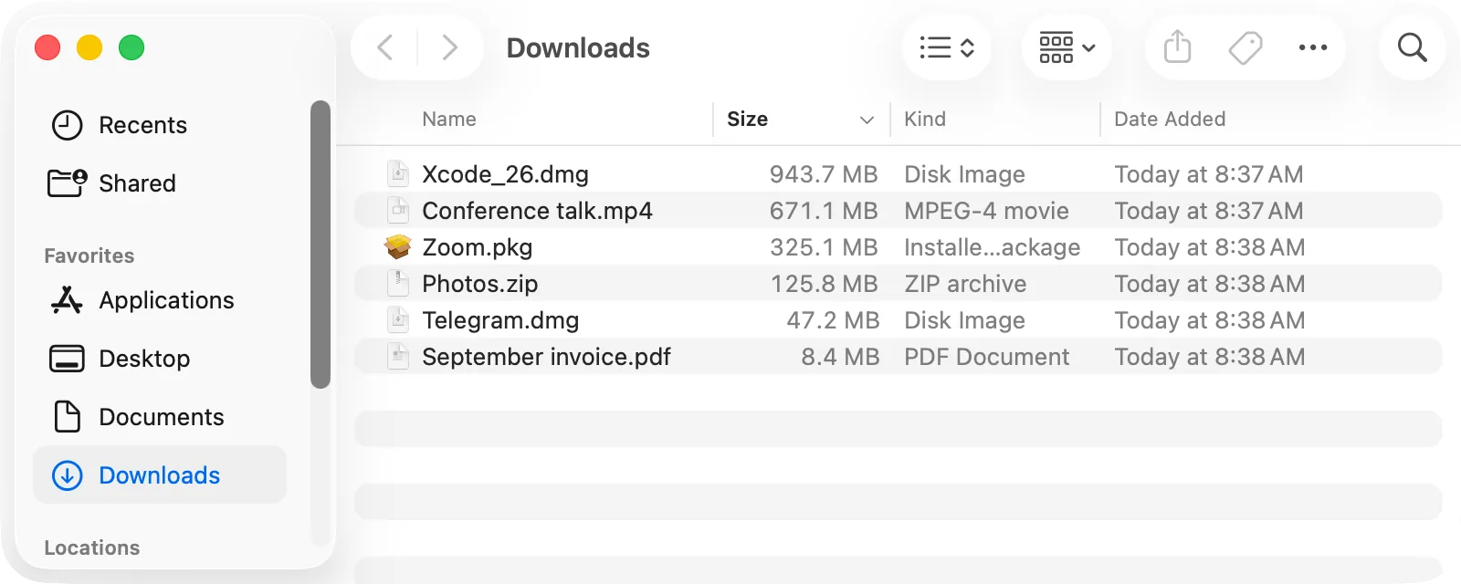 The Downloads folder as a list sorted by size