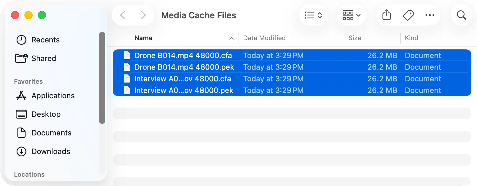 The Media Cache Files folder with its files selected and «Move to Trash»