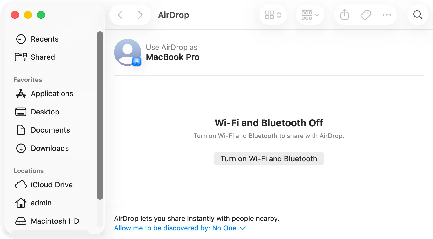 The AirDrop window in Finder with «Allow me to be discovered by» at the bottom
