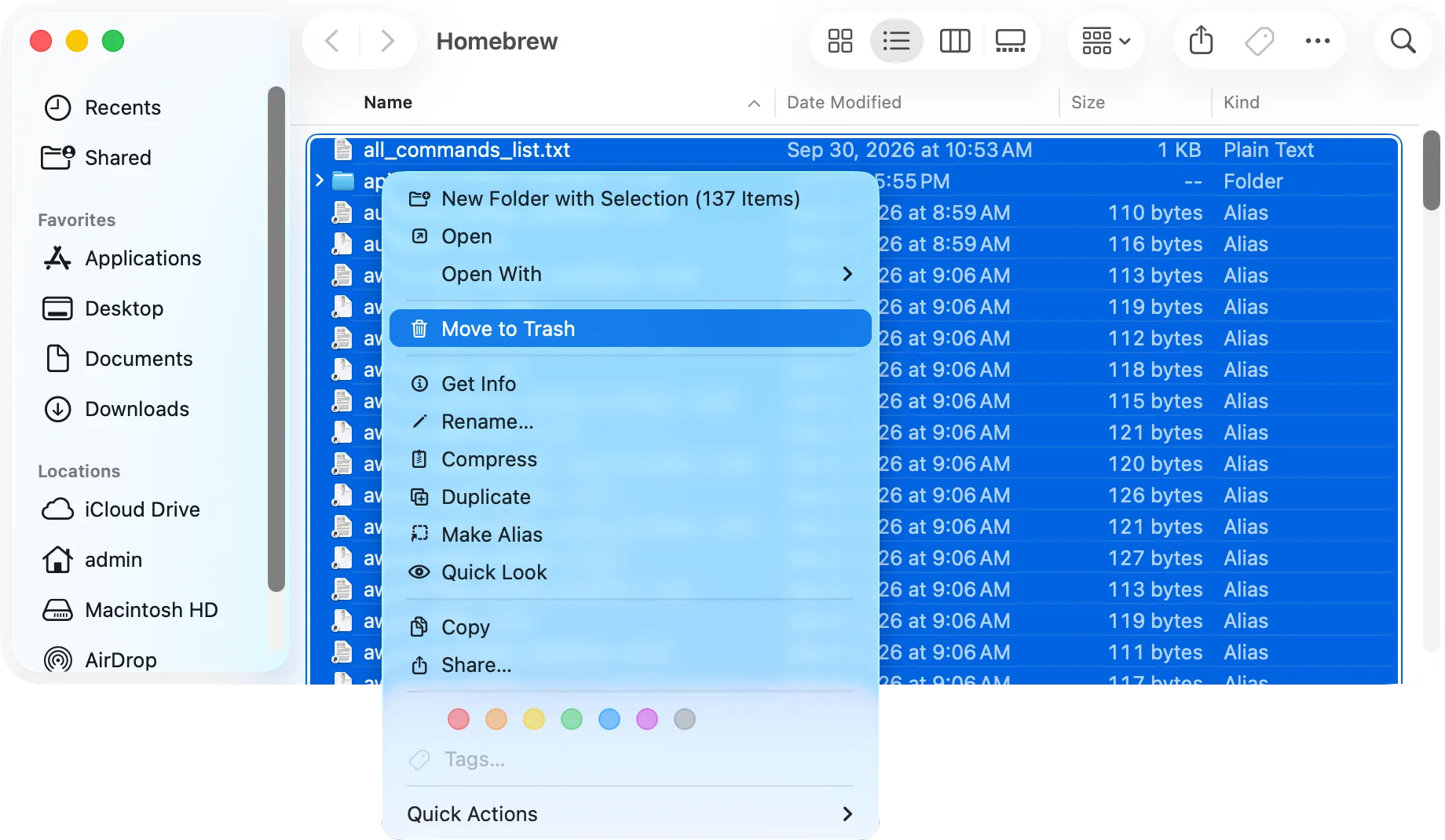 The contents of an app’s cache folder selected, with «Move to Trash»