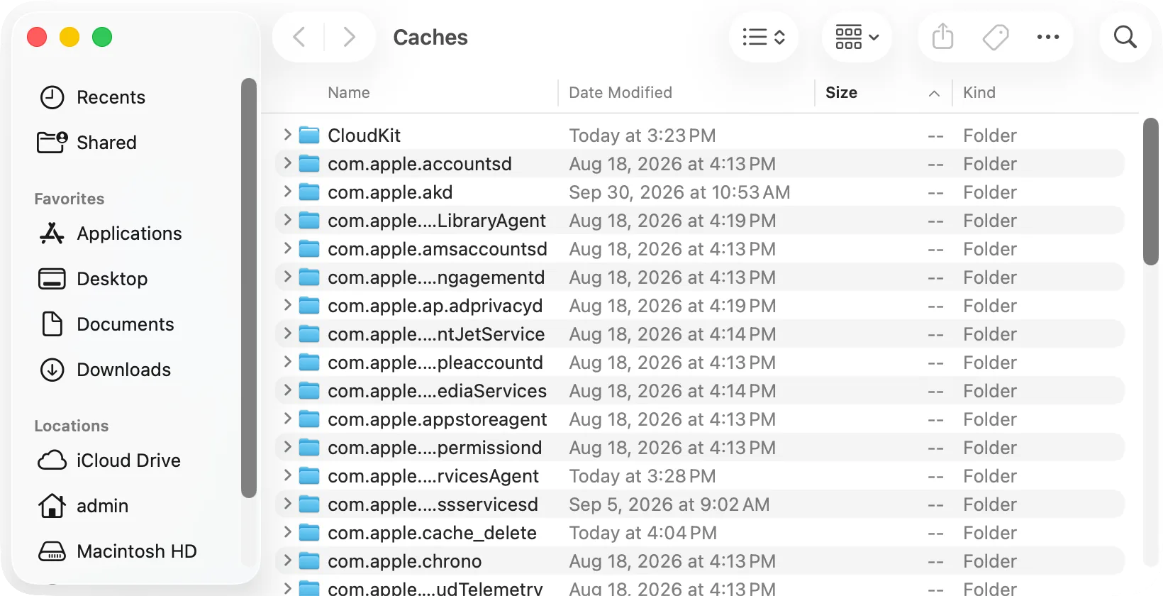 The Caches folder as a list sorted by size, with «Calculate all sizes» on in View Options