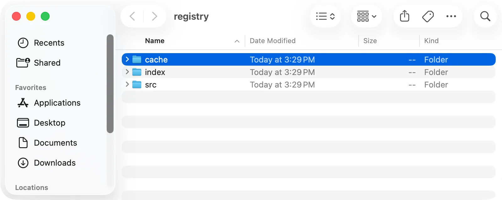 Finder, ~/.cargo/registry: the cache and src folders selected