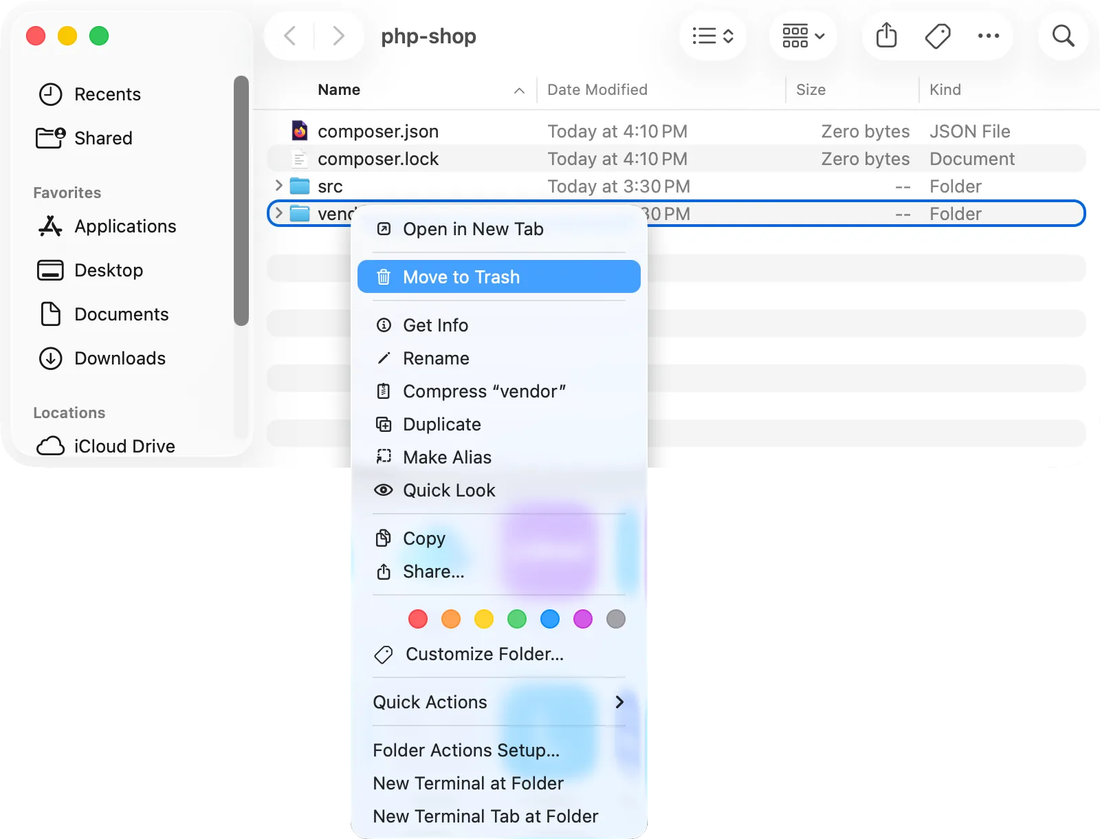 Finder, a PHP project: the context menu of vendor next to composer.json with «Move to Trash»