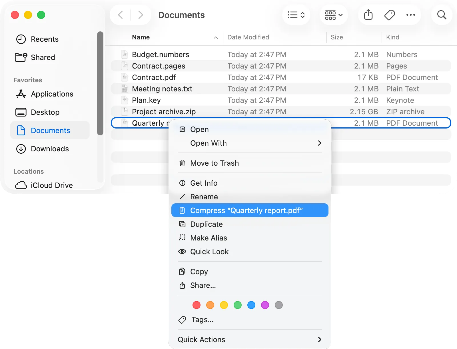 Finder: the context menu of a file with «Compress»