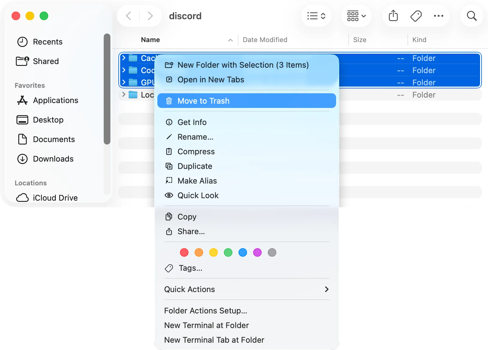 Discord’s folder with Cache, Code Cache and GPUCache selected and «Move to Trash»