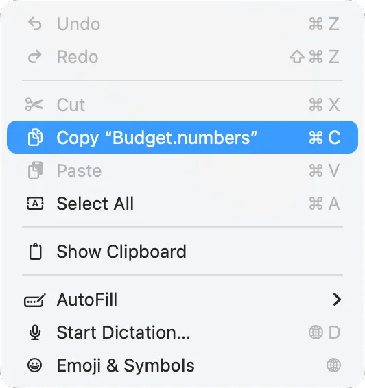 Finder’s Edit menu with a file selected: Cut dimmed, Copy available