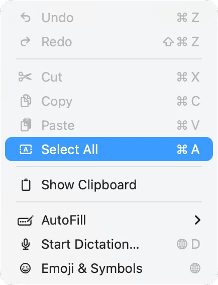 Finder’s Edit menu with «Select All»