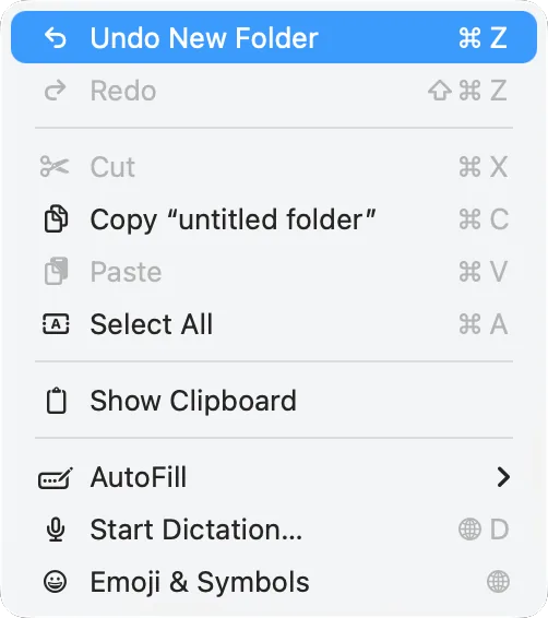Finder’s Edit menu: the first item says what Undo will do