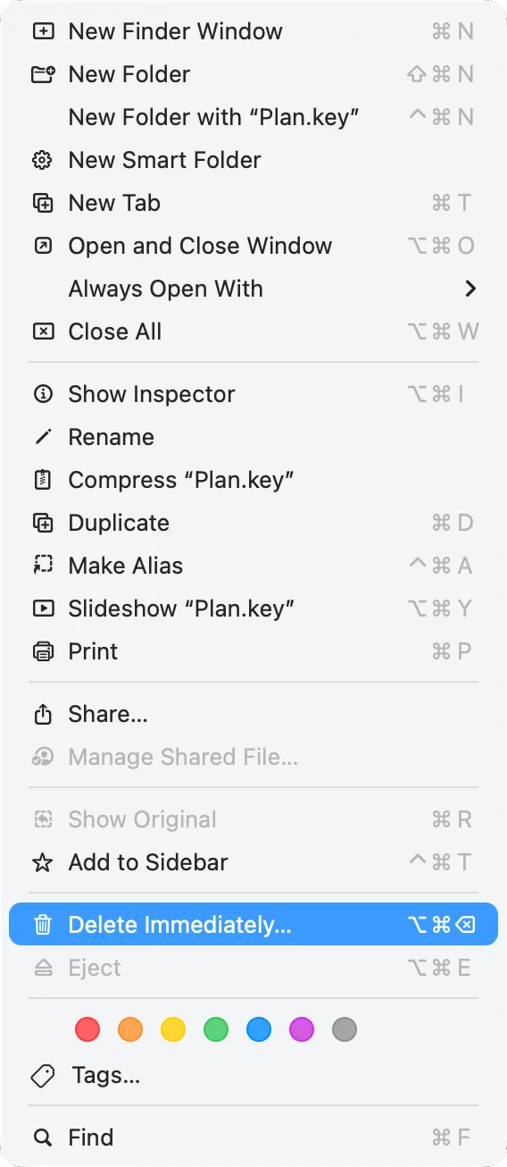 Finder’s File menu with Option held: «Delete Immediately»