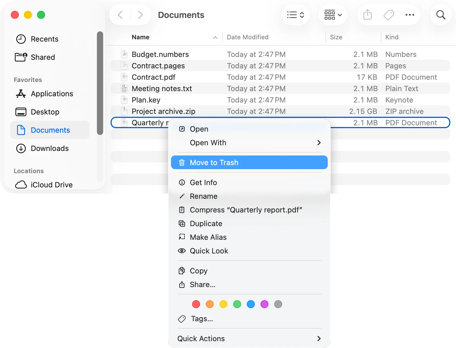 Finder, Documents: the context menu of a file with «Move to Trash»