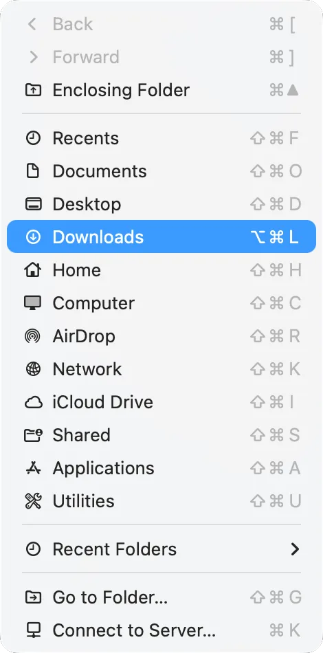 Finder’s Go menu with Downloads