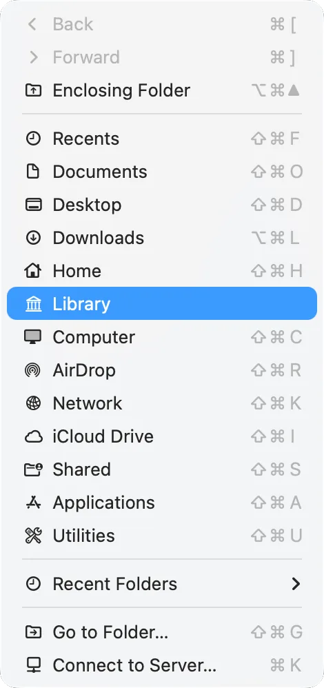 Finder’s Go menu with the Option key held: the Library item