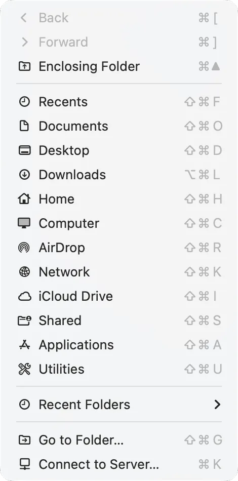 Finder’s Go menu: each command with its shortcut on the right