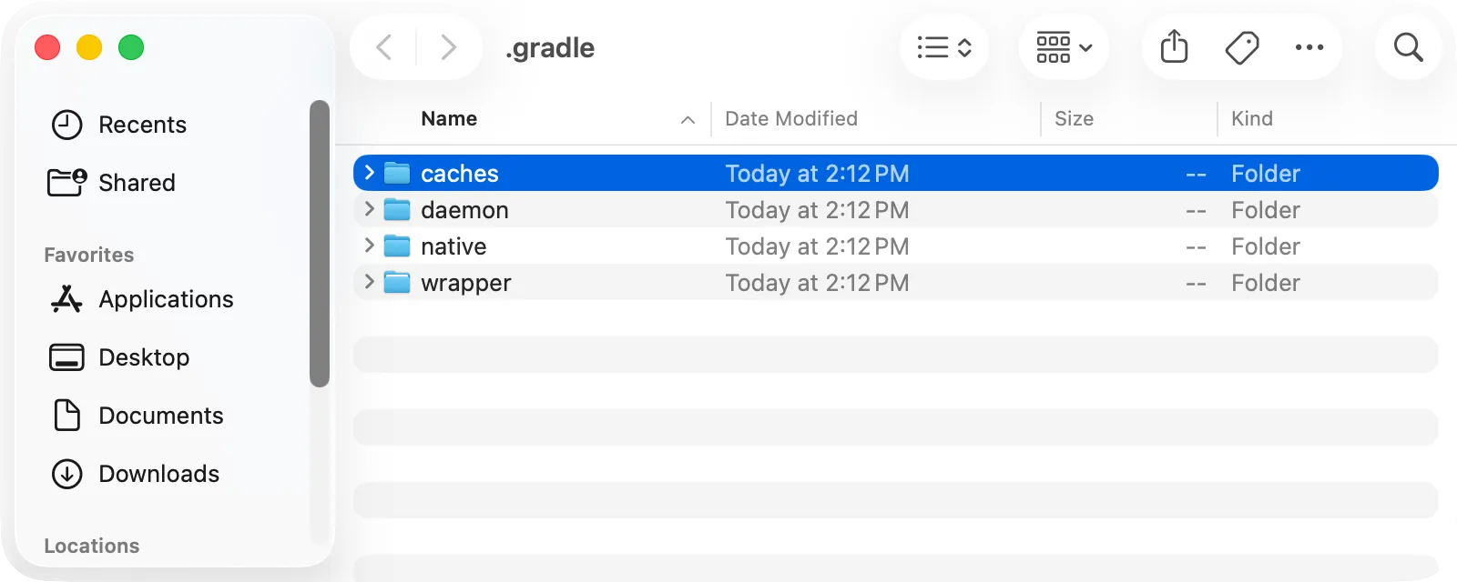Finder, the ~/.gradle folder: caches selected, next to daemon, native and wrapper