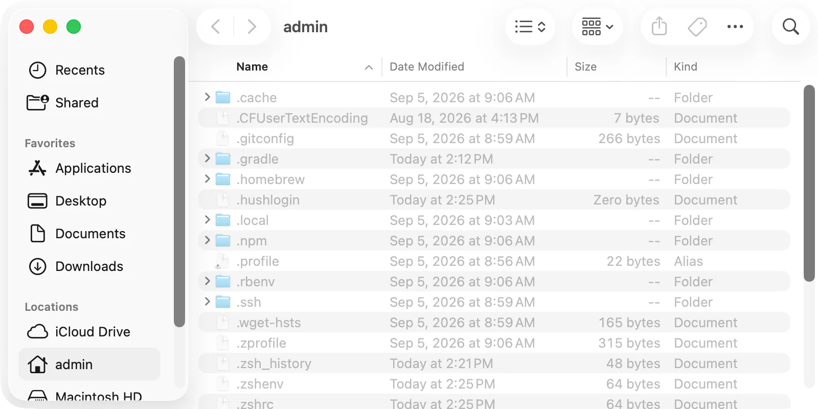 The home folder in Finder after Command-Shift-Period: hidden files and folders shown faded