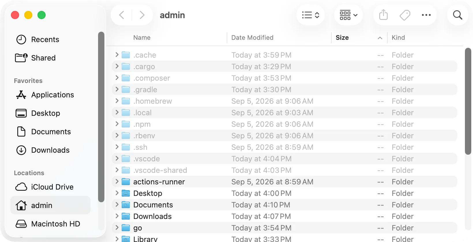 The home folder as a list sorted by size, hidden folders shown, with «Calculate all sizes» on