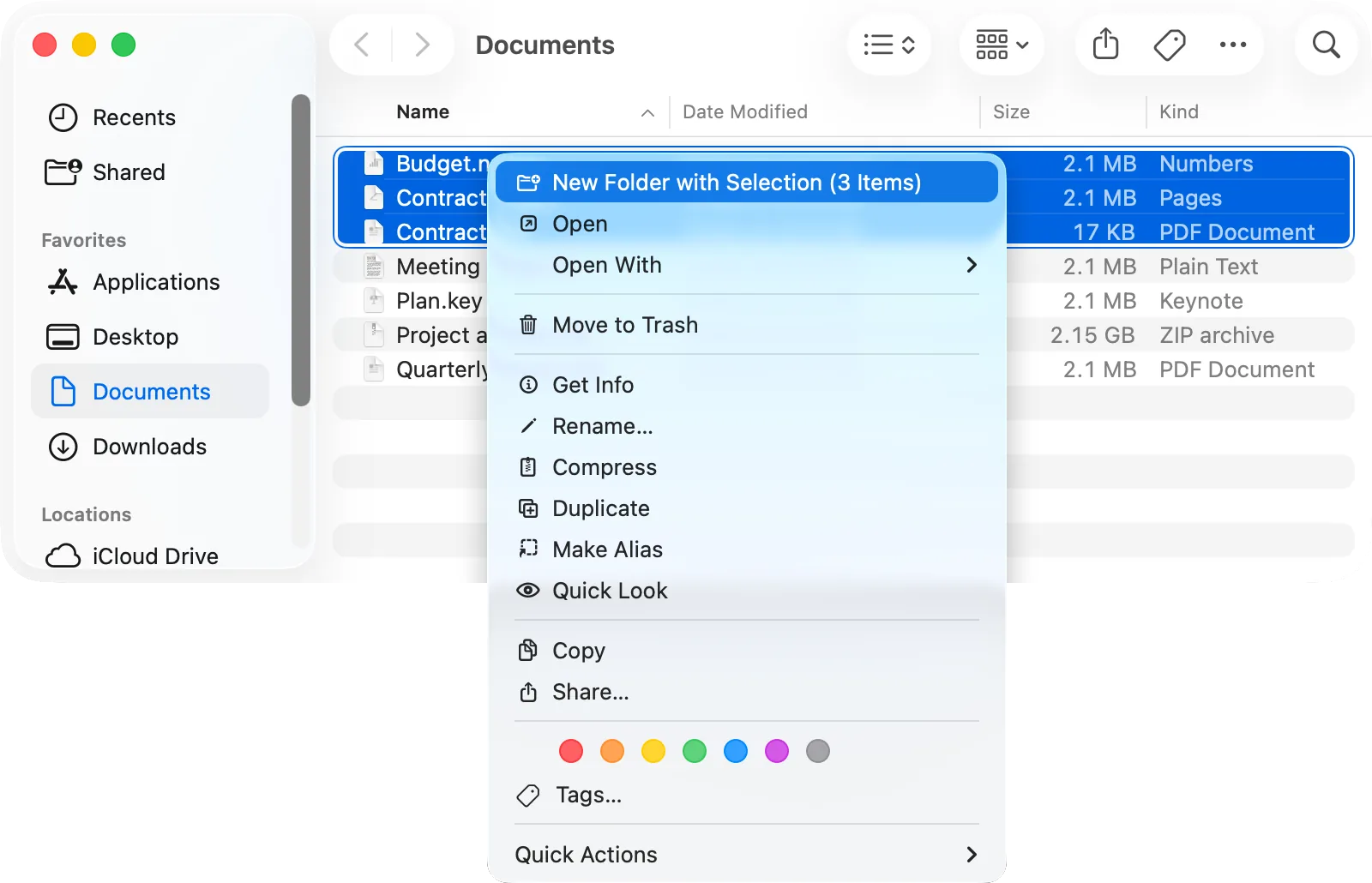 The context menu of three selected files with «New Folder with Selection»