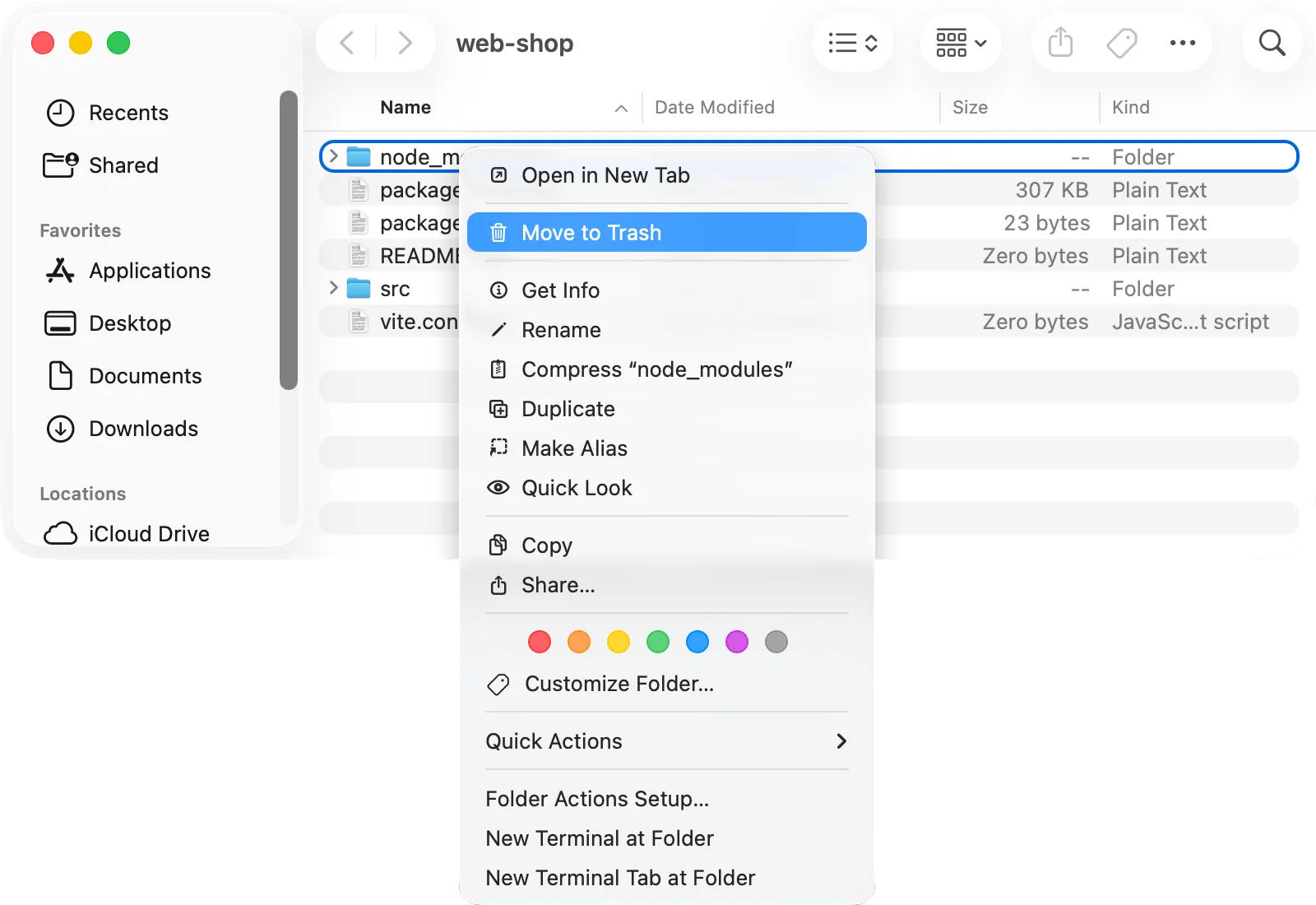 Finder, a project folder: the context menu of node_modules with «Move to Trash»