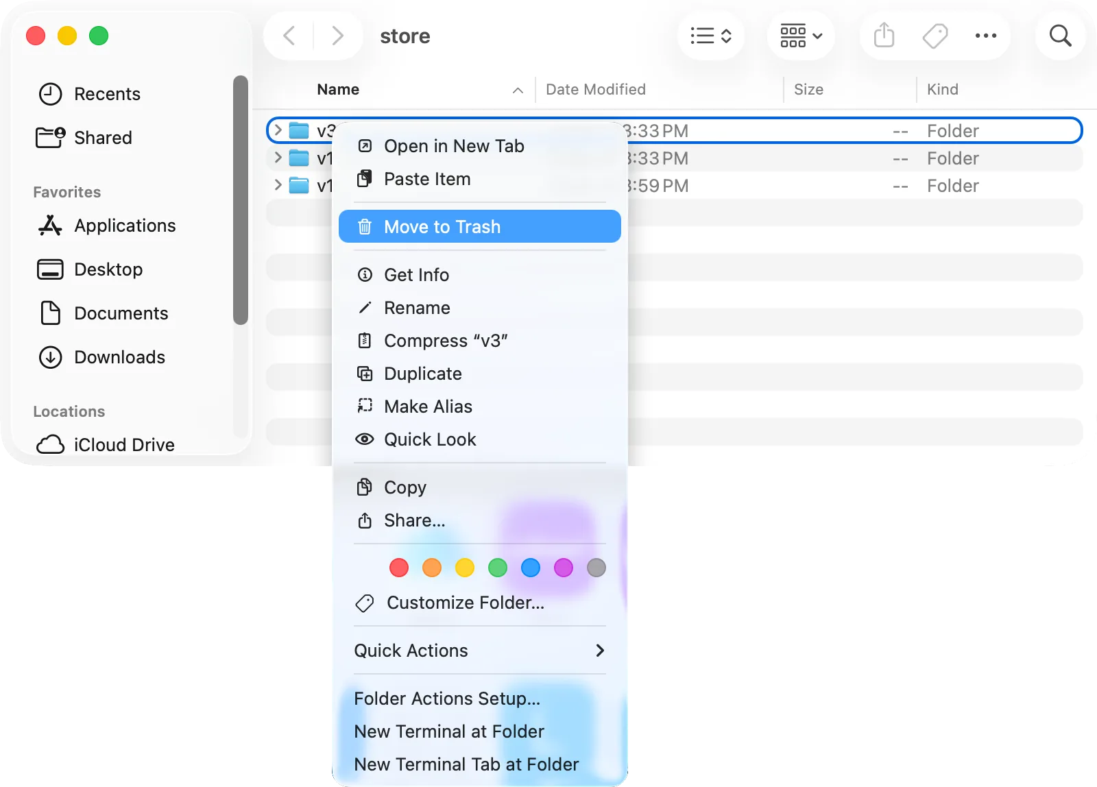 Finder, the pnpm store folder: the context menu of the older v3 store with «Move to Trash»
