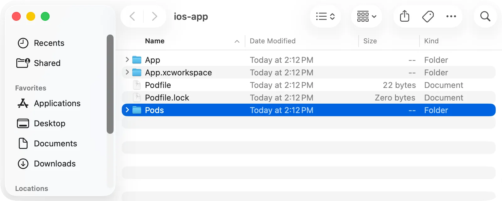 Finder, an iOS project folder: Pods selected next to Podfile and the workspace