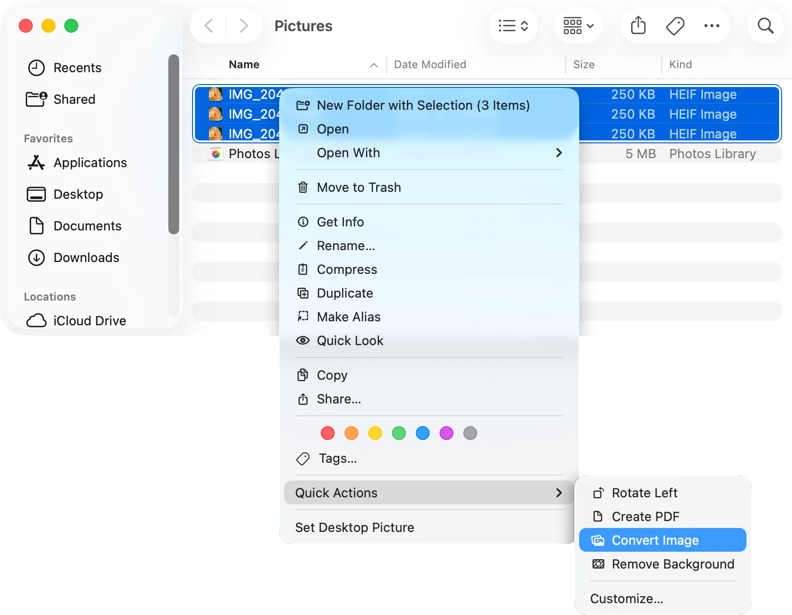 The context menu of HEIC photos: Quick Actions › Convert Image