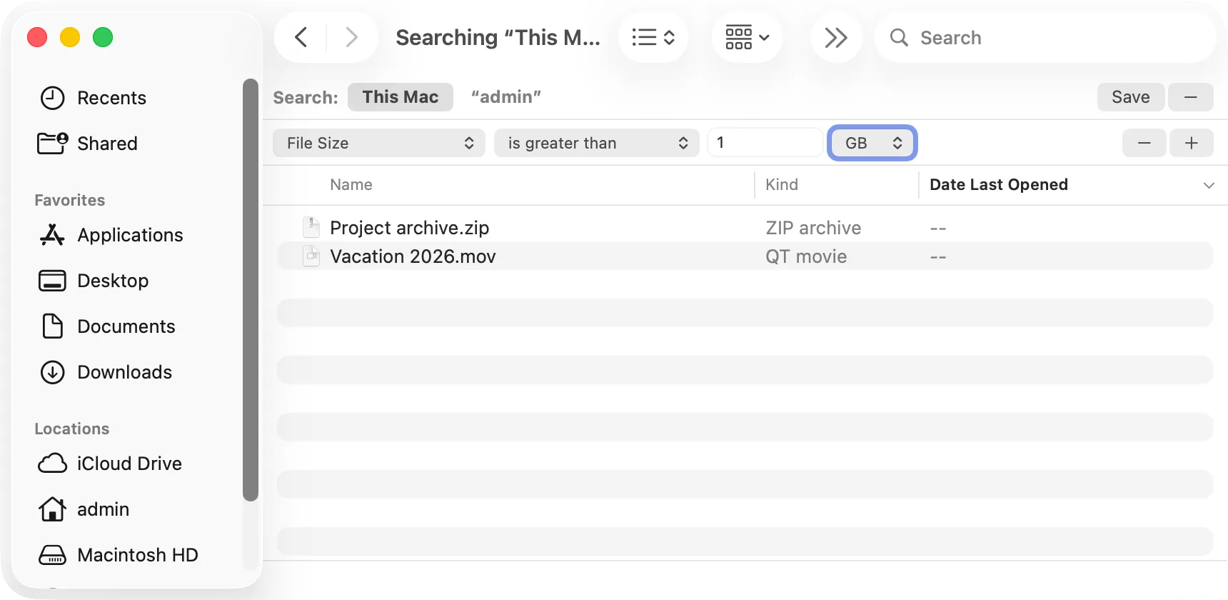 A Finder search on This Mac with the condition File Size is greater than 1 GB