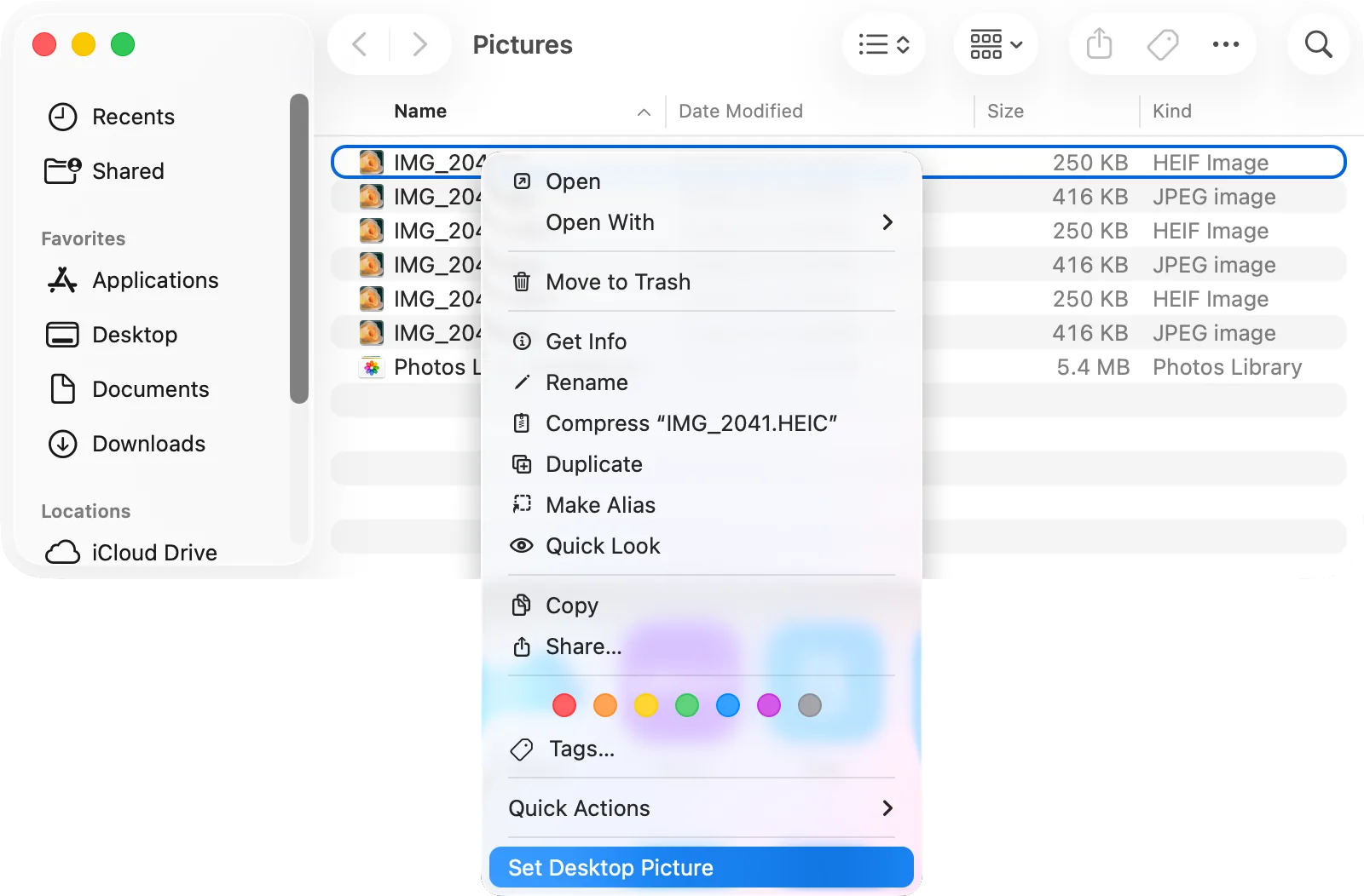 Finder’s context menu on a photo with «Set Desktop Picture»
