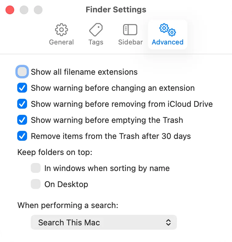 Finder Settings, Advanced: «Remove items from the Trash after 30 days»
