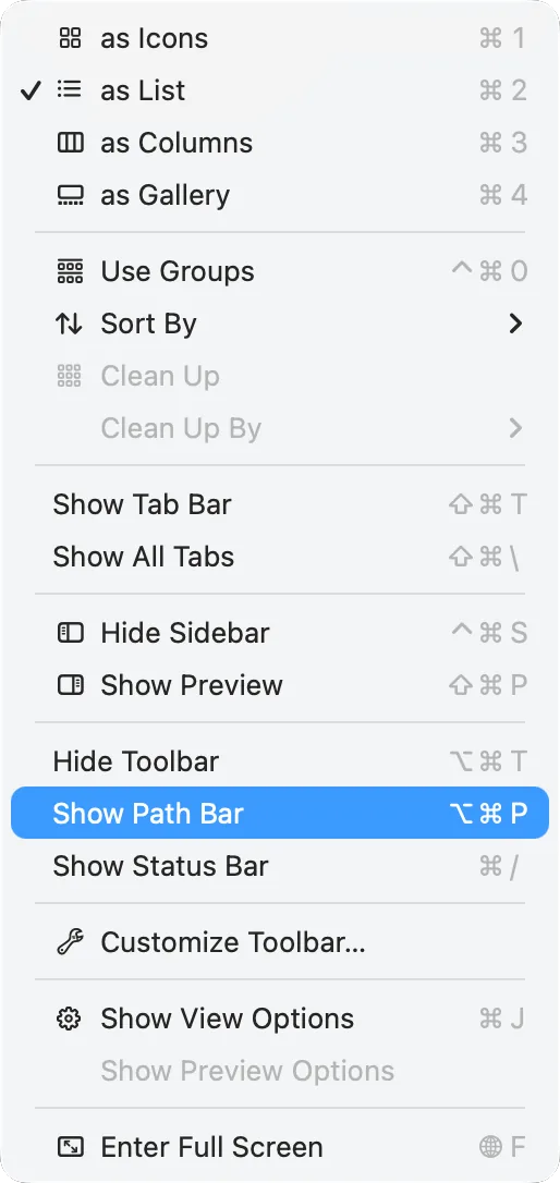 Finder’s View menu with «Show Path Bar»