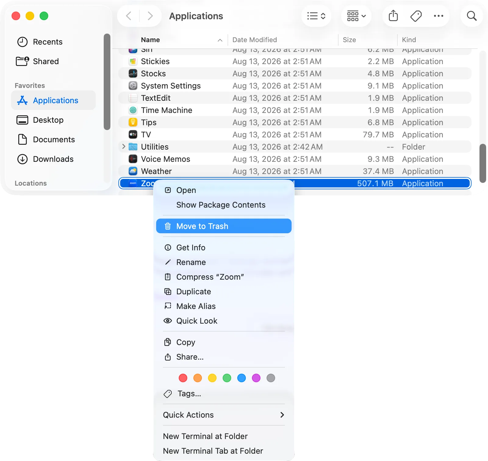 Finder, Applications: an app’s shortcut menu with «Move to Trash»