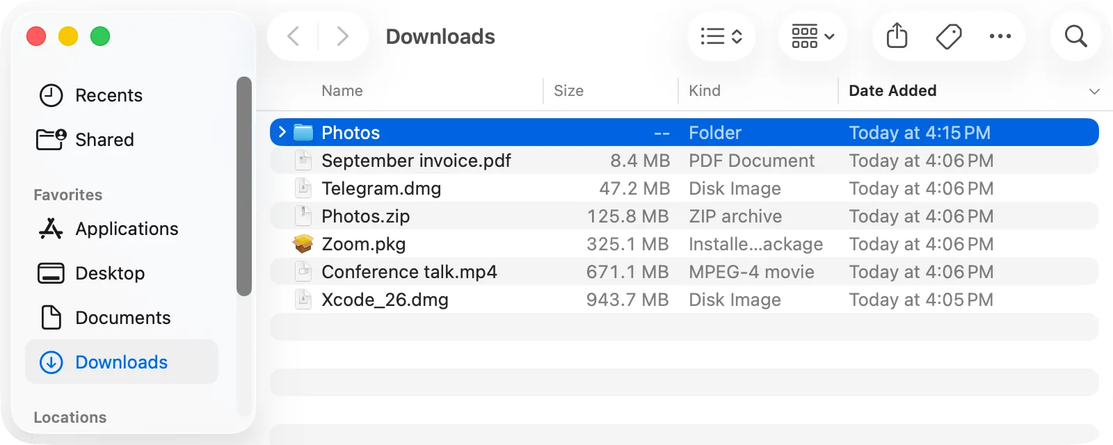 Downloads: the expanded folder next to its .zip archive