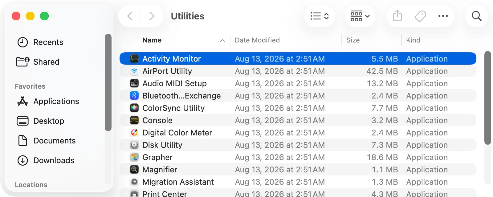 Finder, Applications › Utilities with Activity Monitor selected