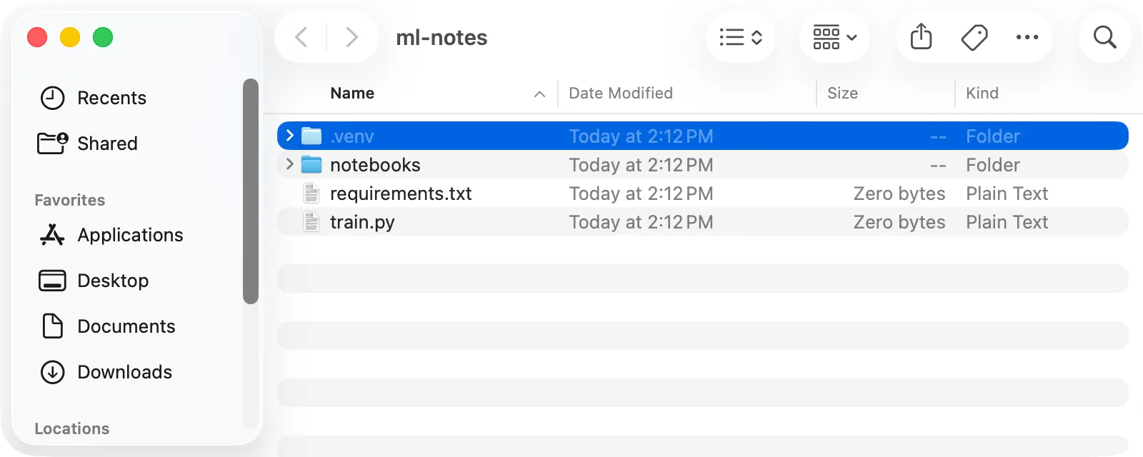 Finder with hidden files shown: the .venv folder of a project selected