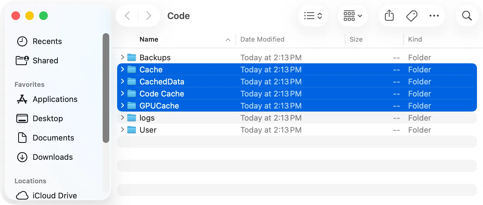 VS Code’s folder in Application Support with its Cache, Code Cache and GPUCache folders