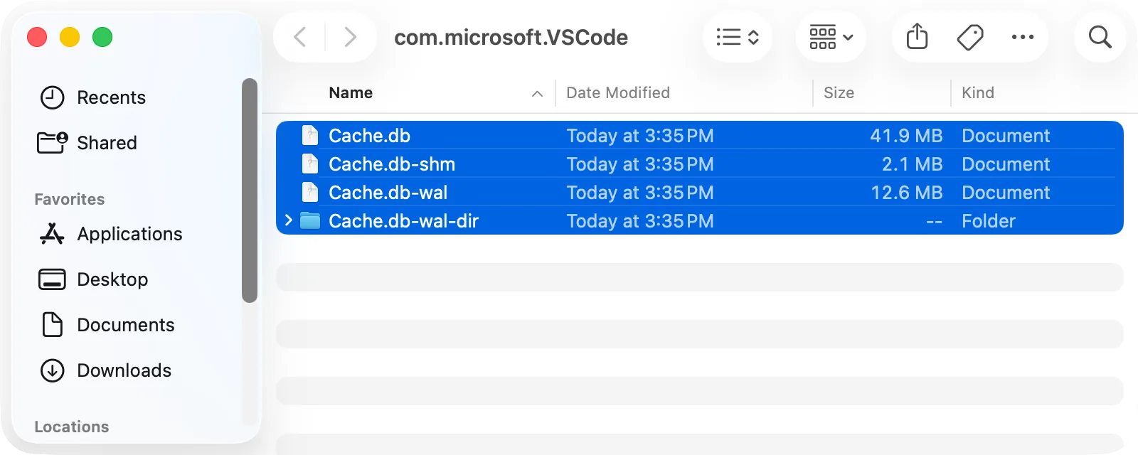 Finder, ~/Library/Caches/com.microsoft.VSCode with everything inside selected