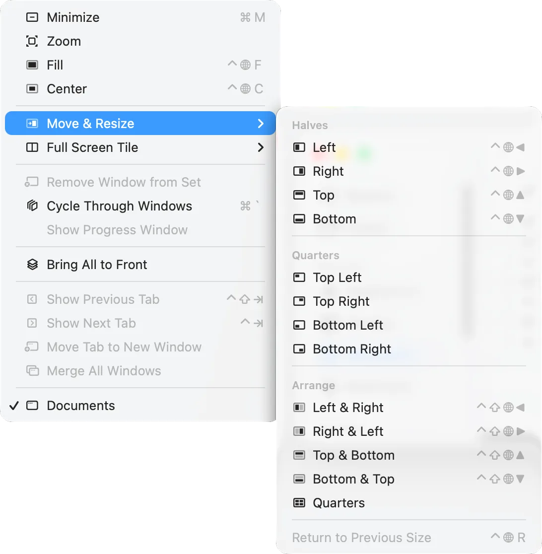Window › Move & Resize: the halves, quarters and arrangements