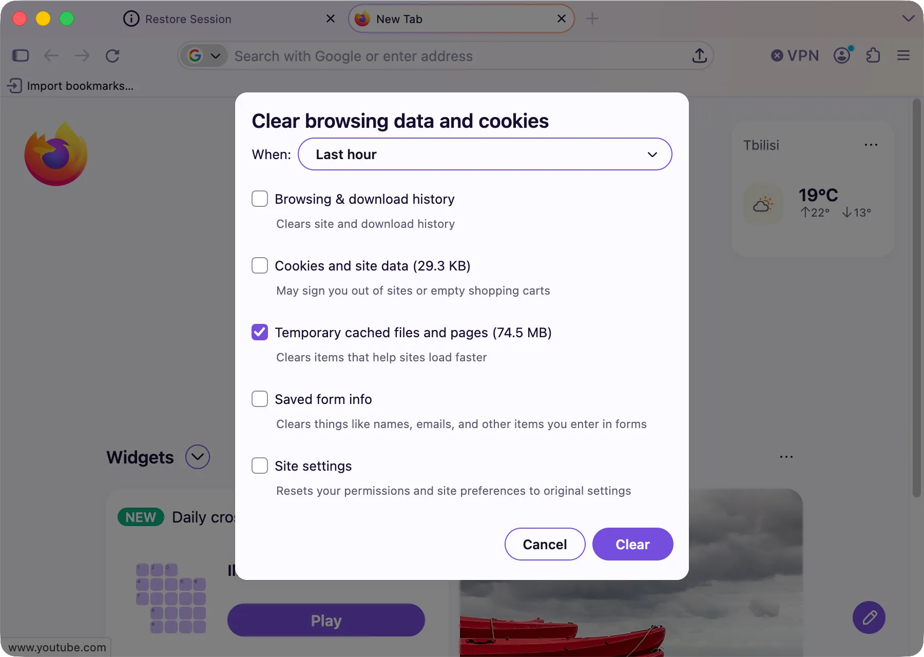 Firefox’s Clear browsing data and cookies window with only «Temporary cached files and pages» checked
