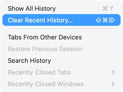Firefox’s History menu with «Clear Recent History»