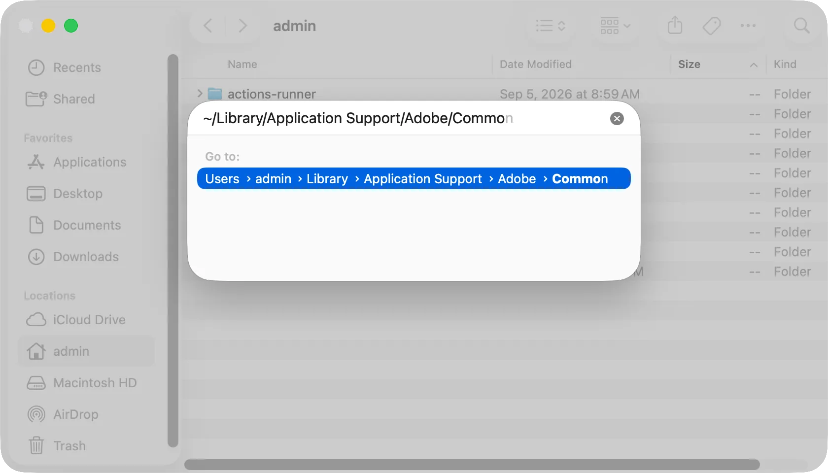 The Go to Folder panel with ~/Library/Application Support/Adobe/Common typed